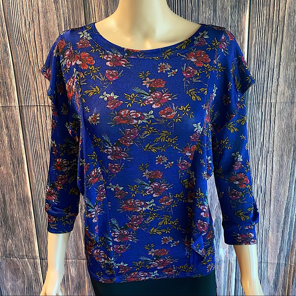 Free People indigo size XS floral stretchy boho ruffle long sleeve blouse